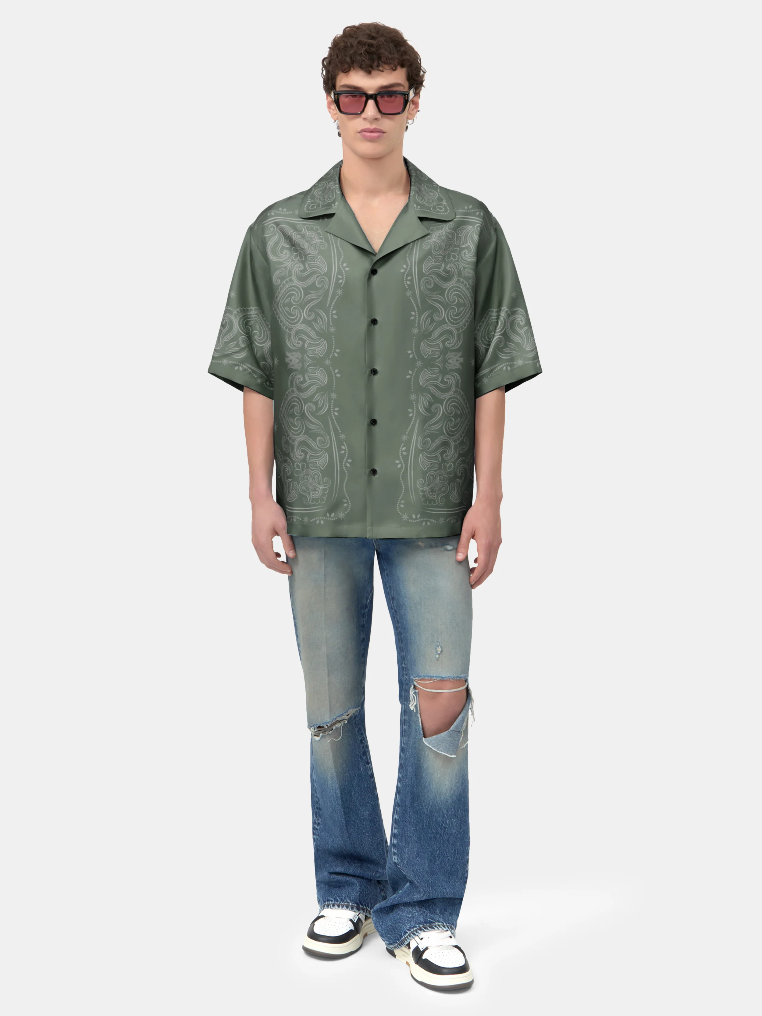 BANDANA PAINT OVERSIZED BOWLING SHIRT - Dark Sage - Image 2