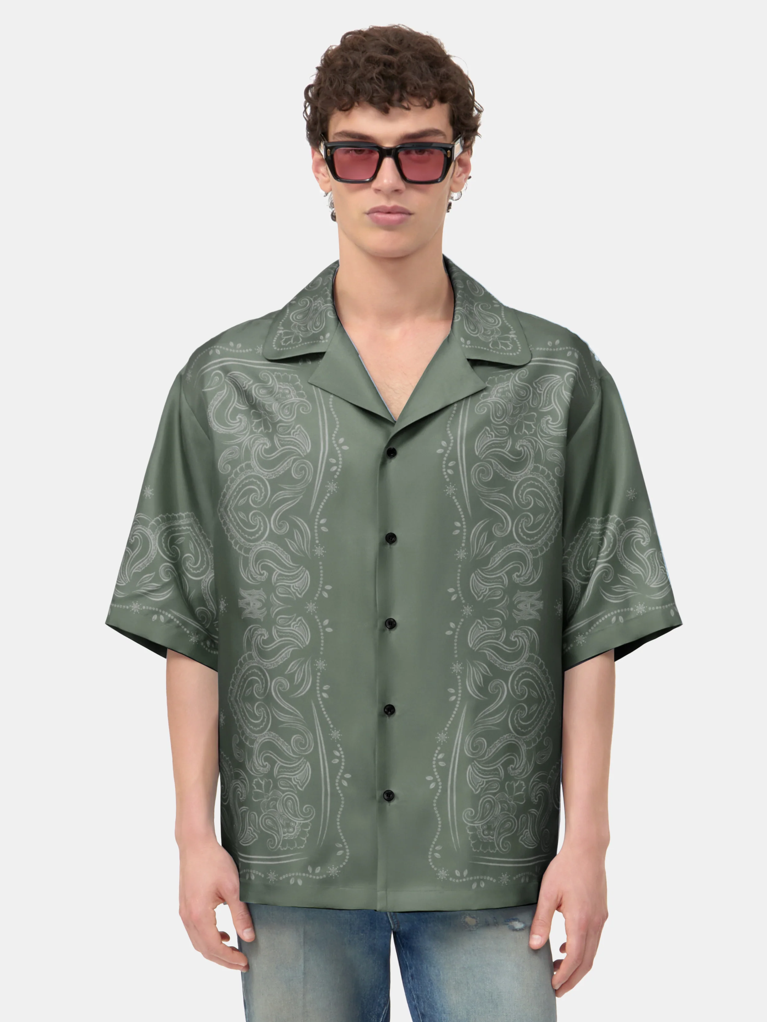 BANDANA PAINT OVERSIZED BOWLING SHIRT - Dark Sage - Image 3