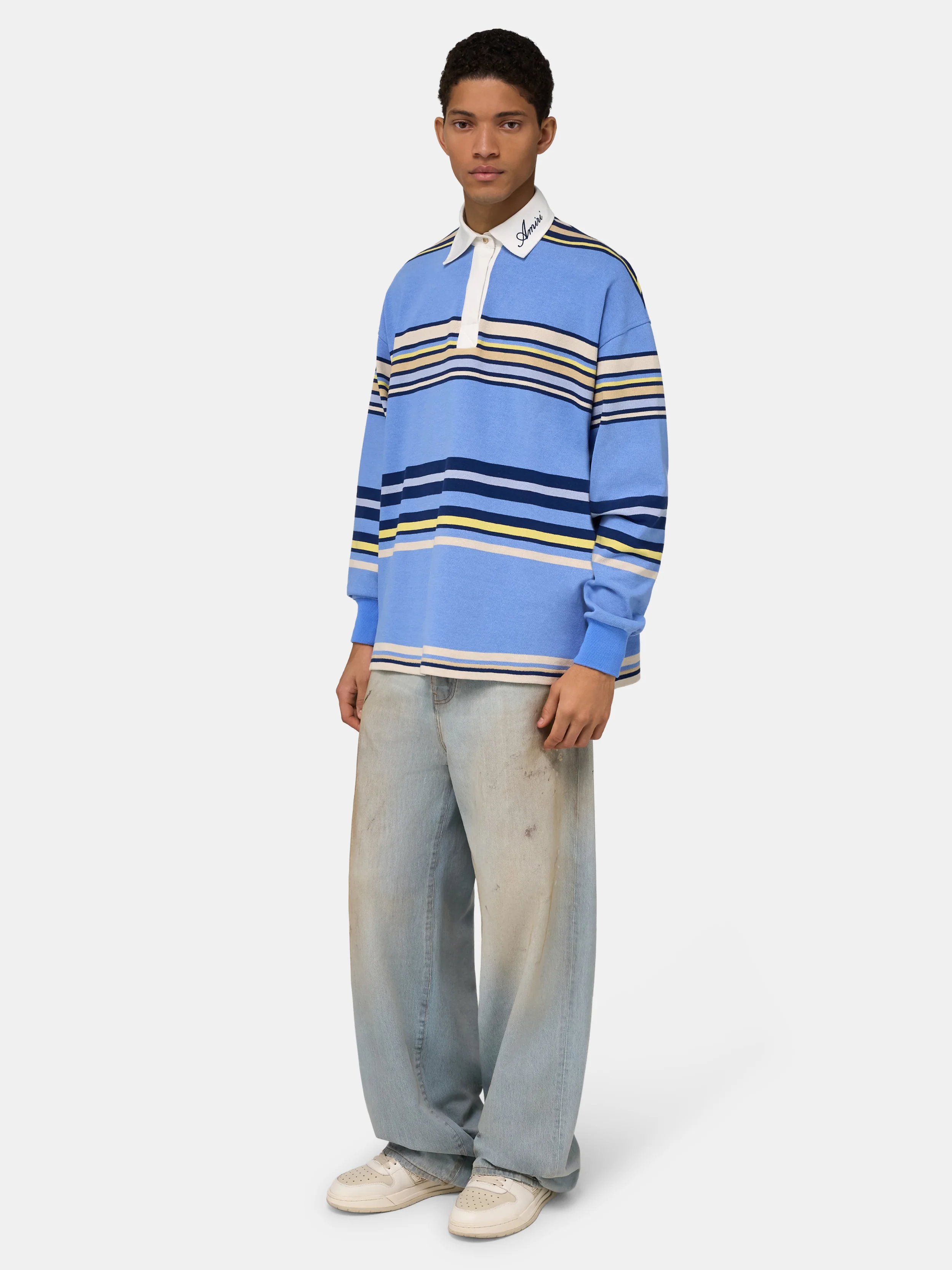 STRIPED OVERSIZED LONG SLEEVE POLO - Blue - Image 3